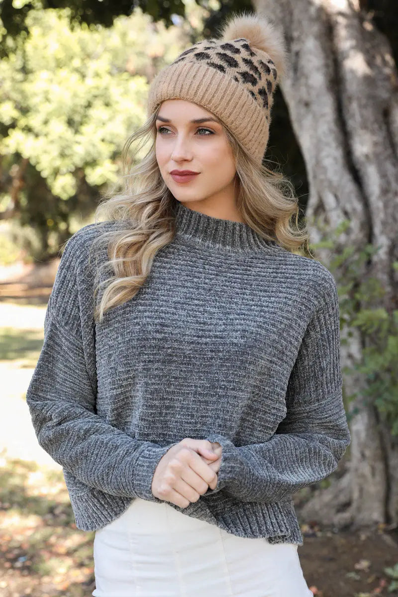 Leopard Knit Beanie knit winter hat in Camel