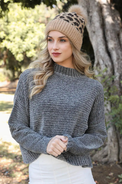 Leopard Knit Beanie knit winter hat in Camel