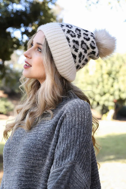 Leopard Knit Beanie knit winter hat in Ivory