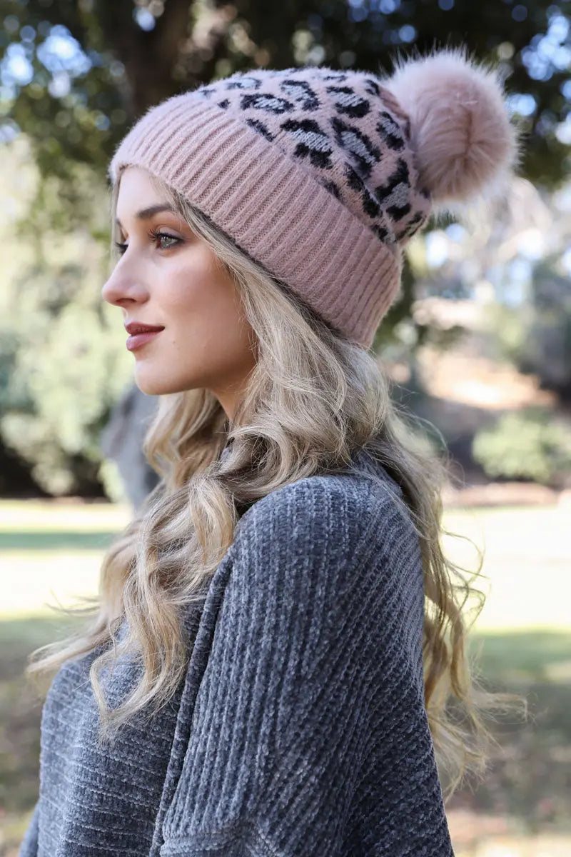 Leopard Knit Beanie knit winter hat in Pink