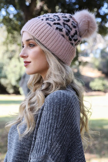 Leopard Knit Beanie knit winter hat in Pink
