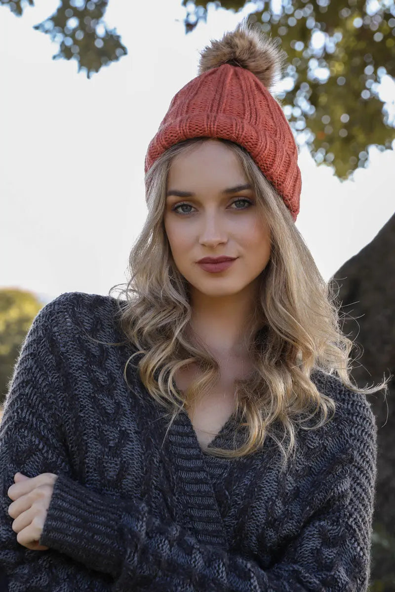 Basic Ribbed Pom Beanie knit winter hat in Persimmon