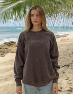 Elevated Faith Christian Crewneck Sweatshirt in dark brown with YHWH text design on a beach background