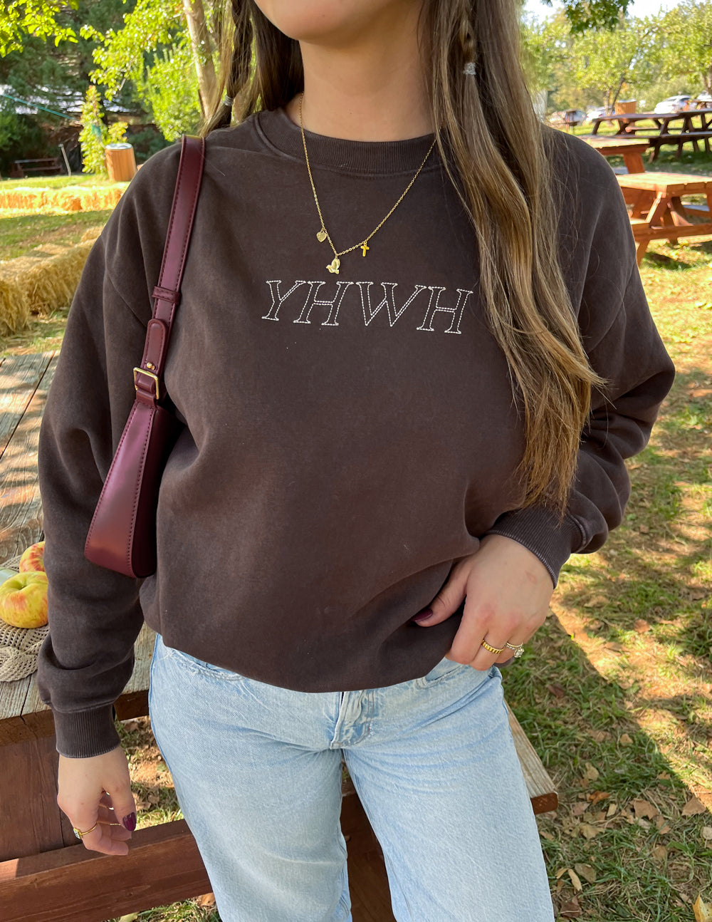 Elevated Faith Christian Crewneck Sweatshirt in dark brown with YHWH embroidery for a stylish look