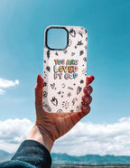Colorful Christian iPhone Case featuring 'You Are Loved by God' design with doodles
