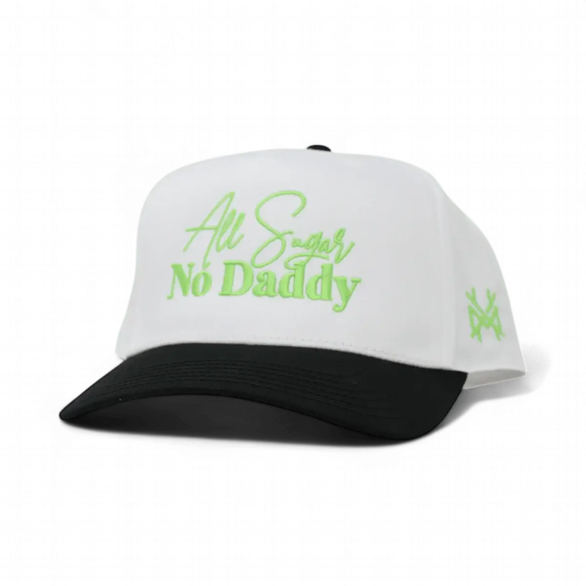 All Sugar No Daddy Funny Embroidered Snapback Hat in Retro Black/White with Green Thread – Ivy + Cloth