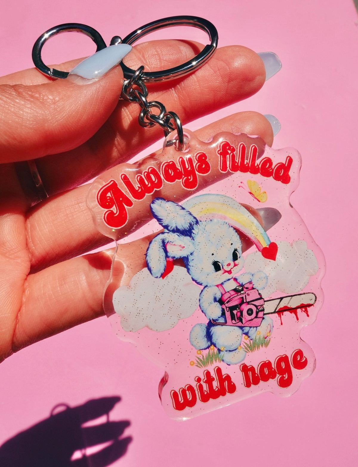 Funny Cartoon rabbit acrylic keychain with rainbow and red text, shown with metal key ring