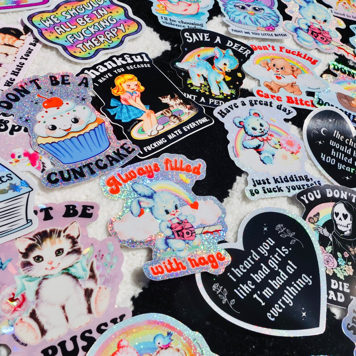 Funny Collage of mixed character stickers, featuring bunny rainbow glitter and heart clouds
