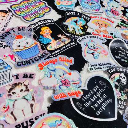 Funny Collage of mixed character stickers, featuring bunny rainbow glitter and heart clouds
