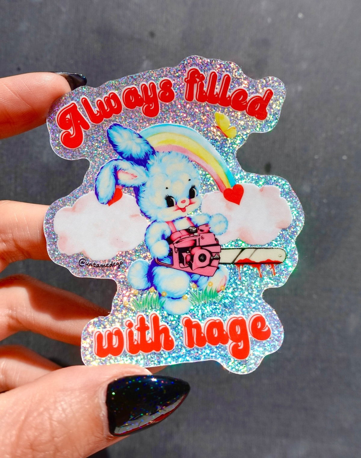 Funny Glitter holographic bunny sticker with rainbow, clouds, hearts, and red slogan text