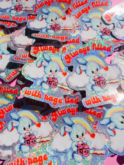 Funny Multiple glitter holographic bunny rainbow stickers with clouds, hearts, and red text