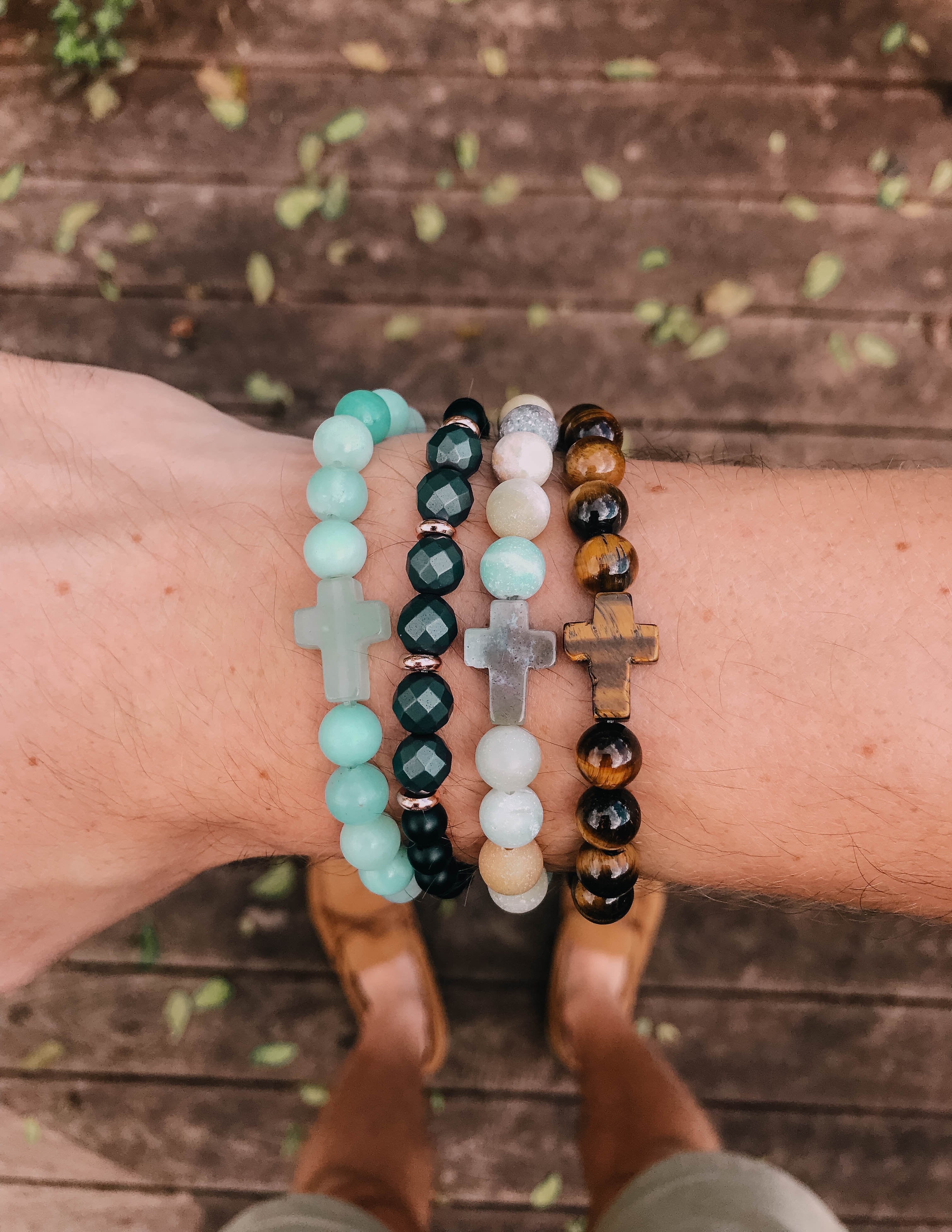 Elevated Faith Christian Jewelry Bracelet set featuring stone beads and cross charms in various colors