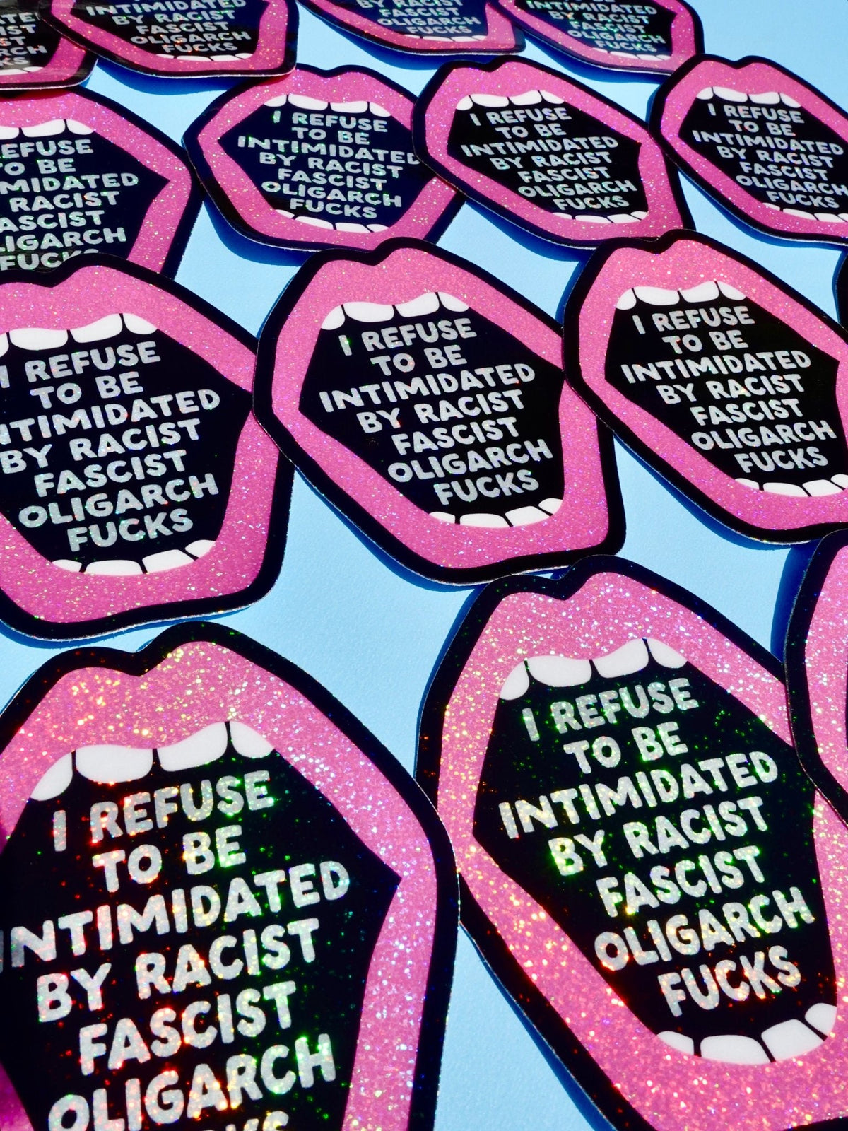 Funny Multiple lip-shaped anti-fascist statement stickers with pink glitter edging and white text