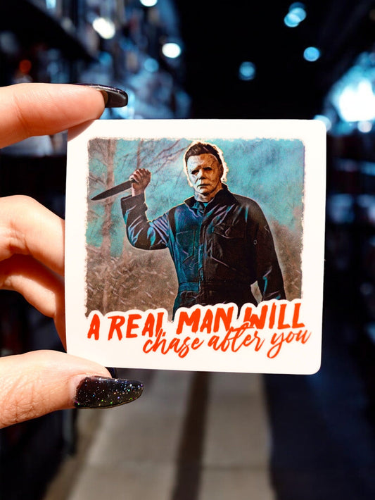 Funny Halloween sticker with illustrated man raising fist and red script text on blue portrait