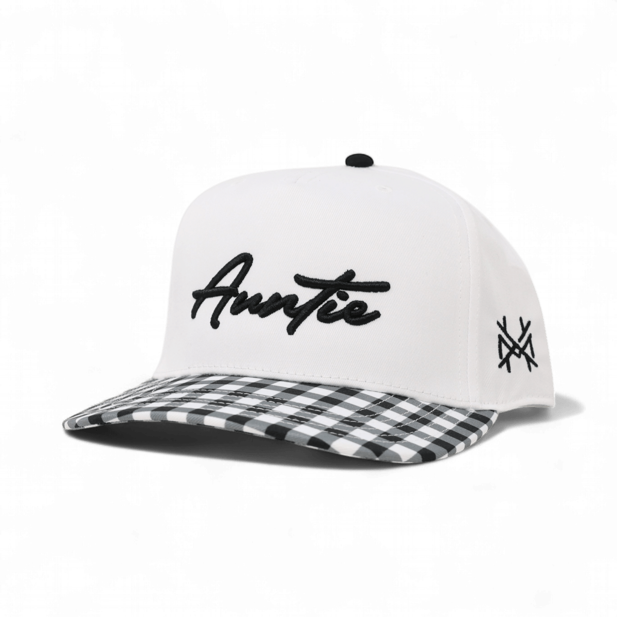 Auntie Funny Embroidered Snapback Hat in Retro Black Check/White – Ivy + Cloth