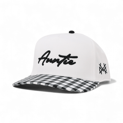 Auntie Funny Embroidered Snapback Hat in Retro Black Check/White – Ivy + Cloth
