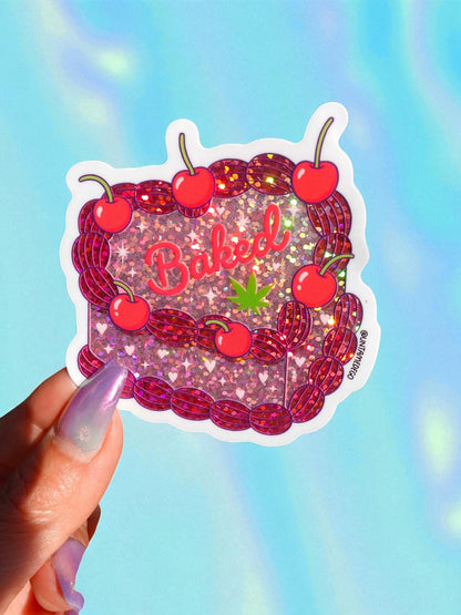 Funny Red baked glitter cake sticker with cherries and “Baked” text