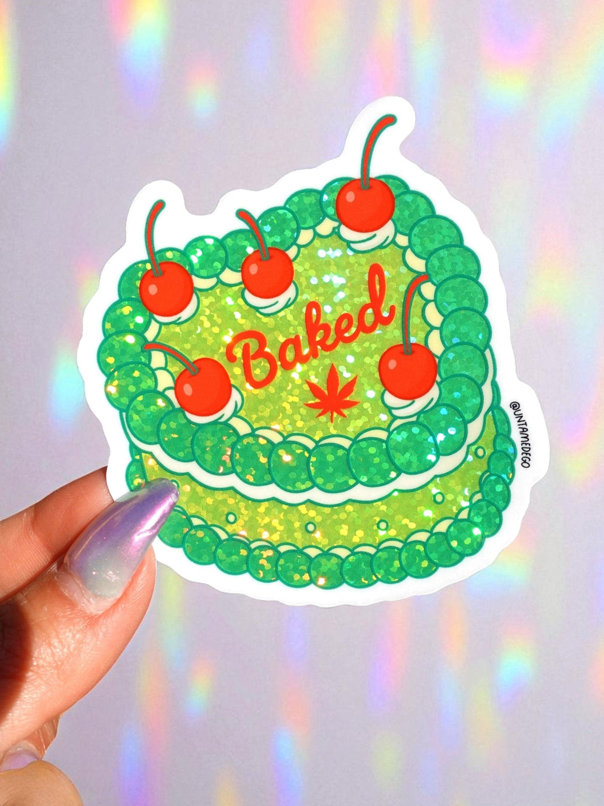 Funny Green baked glitter cake sticker with cherries and “Baked” text