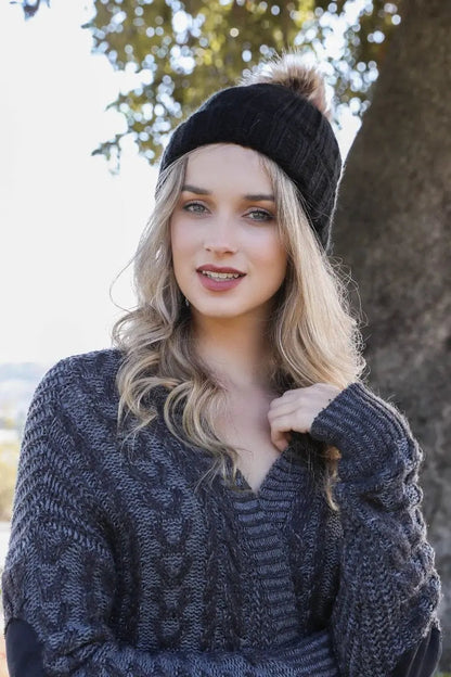 Basic Ribbed Pom Beanie knit winter hat in Black