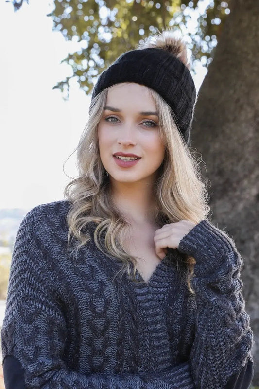 Basic Ribbed Pom Beanie knit winter hat in Black