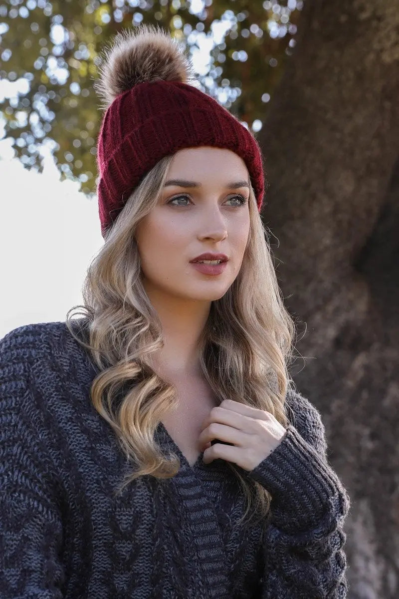 Basic Ribbed Pom Beanie knit winter hat in Burgundy