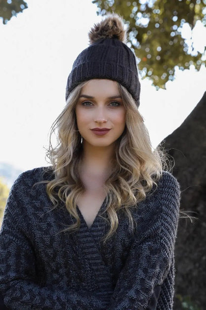 Basic Ribbed Pom Beanie knit winter hat in Gray