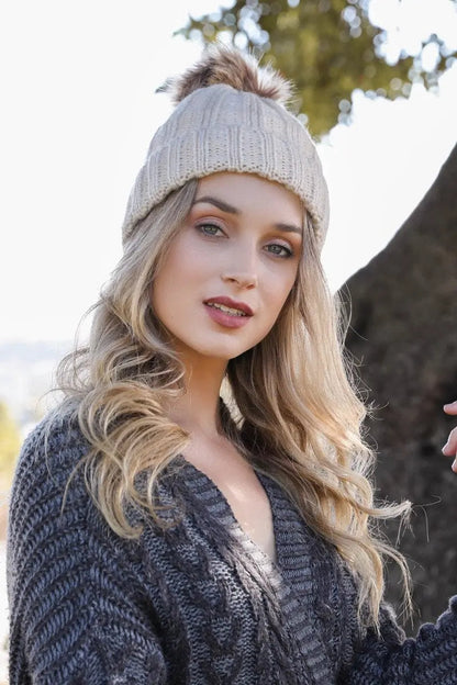 Basic Ribbed Pom Beanie knit winter hat in Ivory