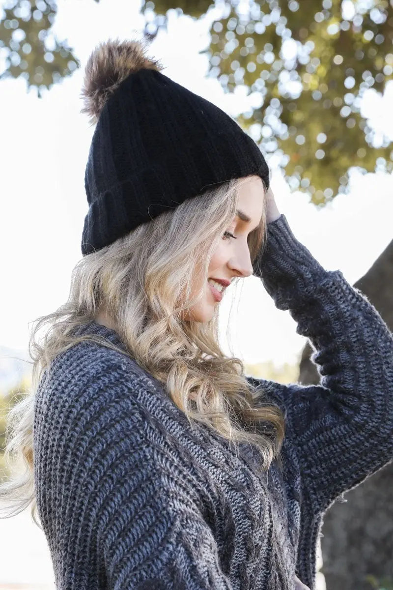 Basic Ribbed Pom Beanie, cozy knit winter hat