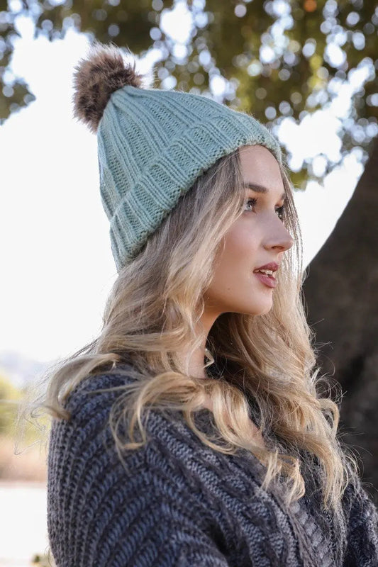 Basic Ribbed Pom Beanie knit winter hat in Mint