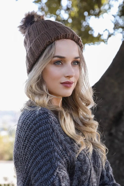 Basic Ribbed Pom Beanie knit winter hat in Mocha