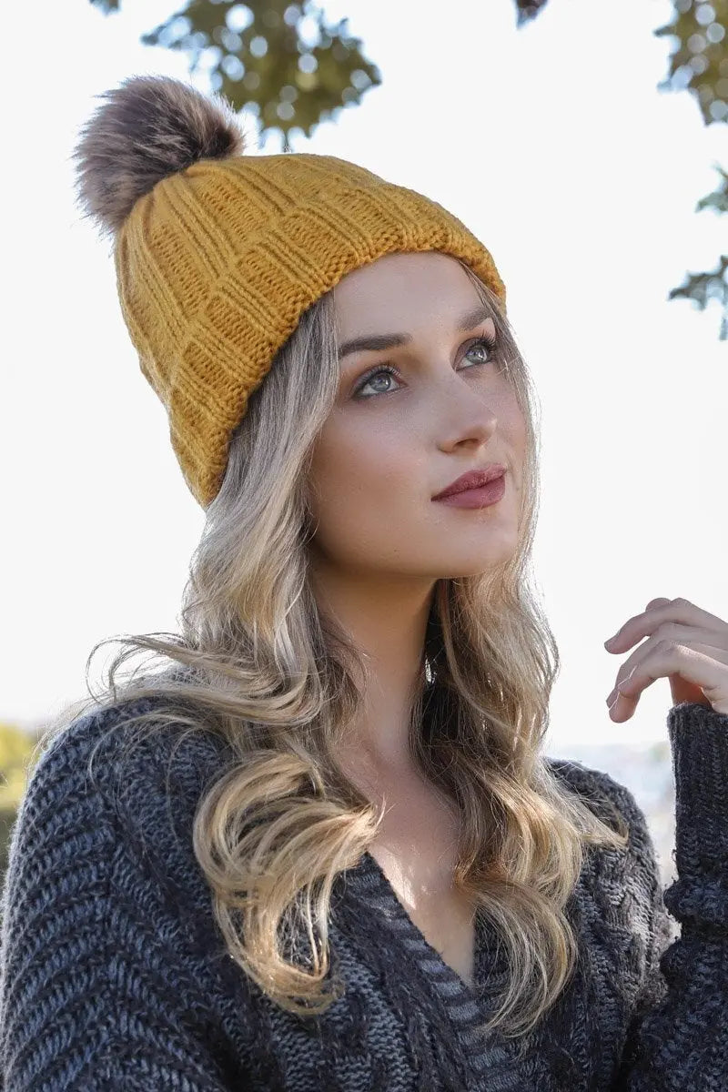 Basic Ribbed Pom Beanie knit winter hat in Mustard