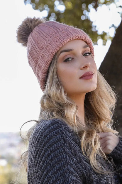 Basic Ribbed Pom Beanie knit winter hat in Rose