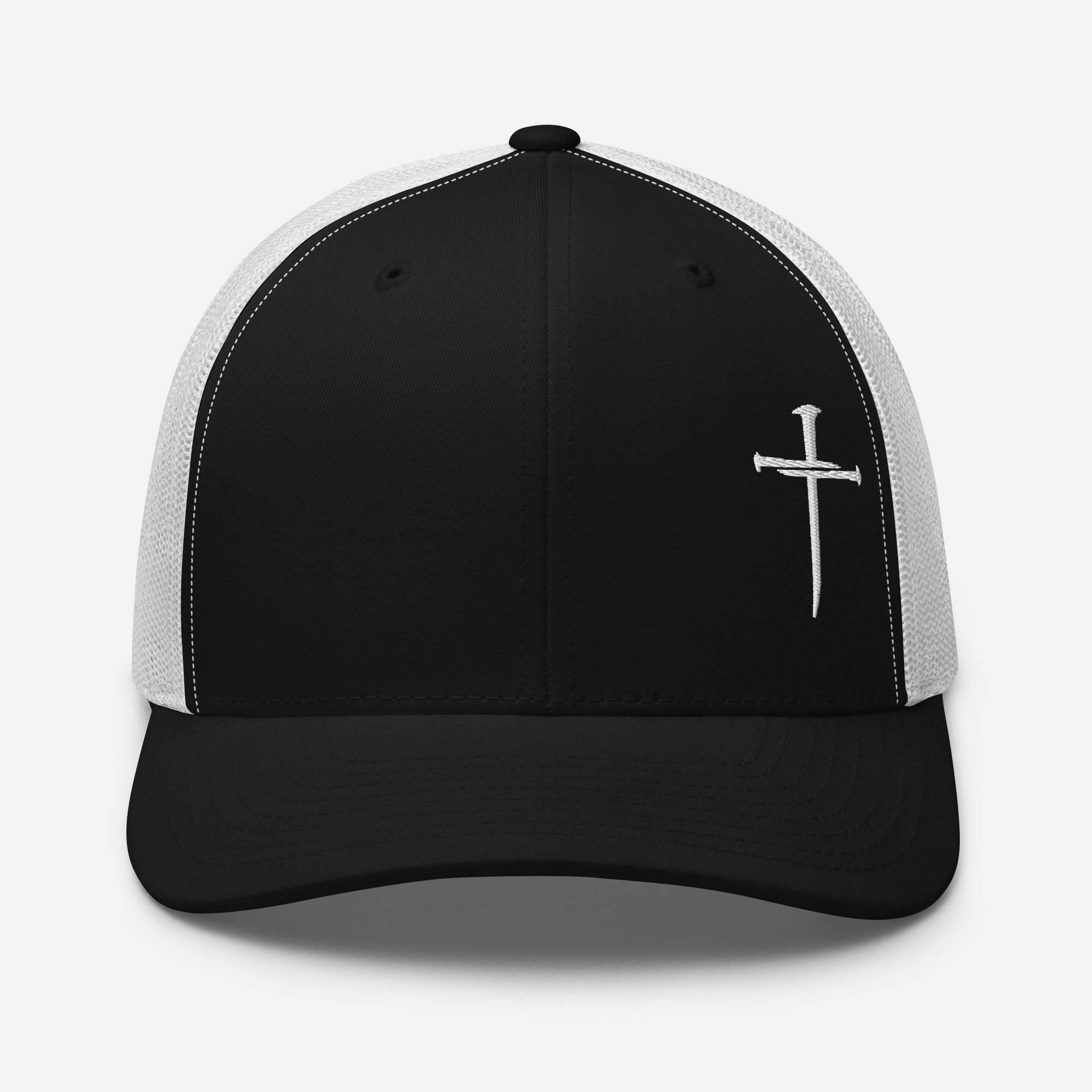 Christian Embroidered Hat in black and white with a stylish cross design on the front
