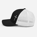 Christian Embroidered Hat with a black front and white mesh back for stylish faith-inspired wear
