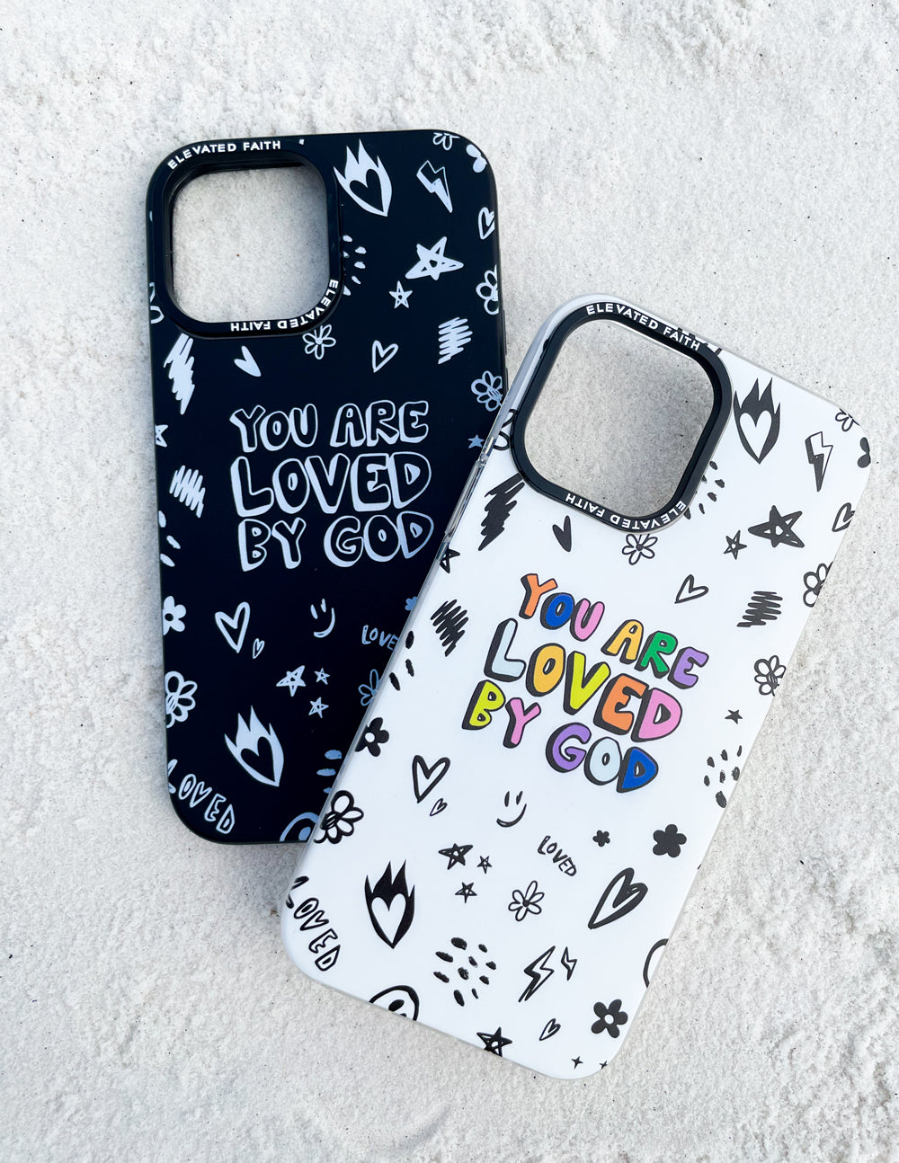 Elevated Faith Christian iPhone Case featuring colorful 'You Are Loved By God' design on black and white backgrounds