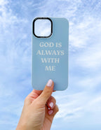 Elevated Faith Christian iPhone Case in blue featuring a motivational quote, God is Always With Me