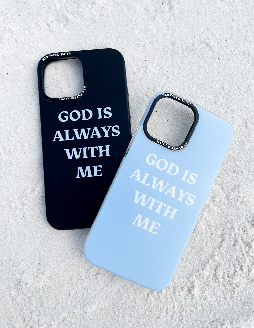 Elevated Faith Christian iPhone Case in black and blue with text 'God is Always With Me'