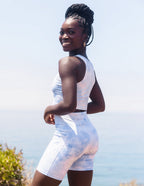 Elevated Faith Christian Shorts in blue tie-dye pattern for comfort and style during workouts