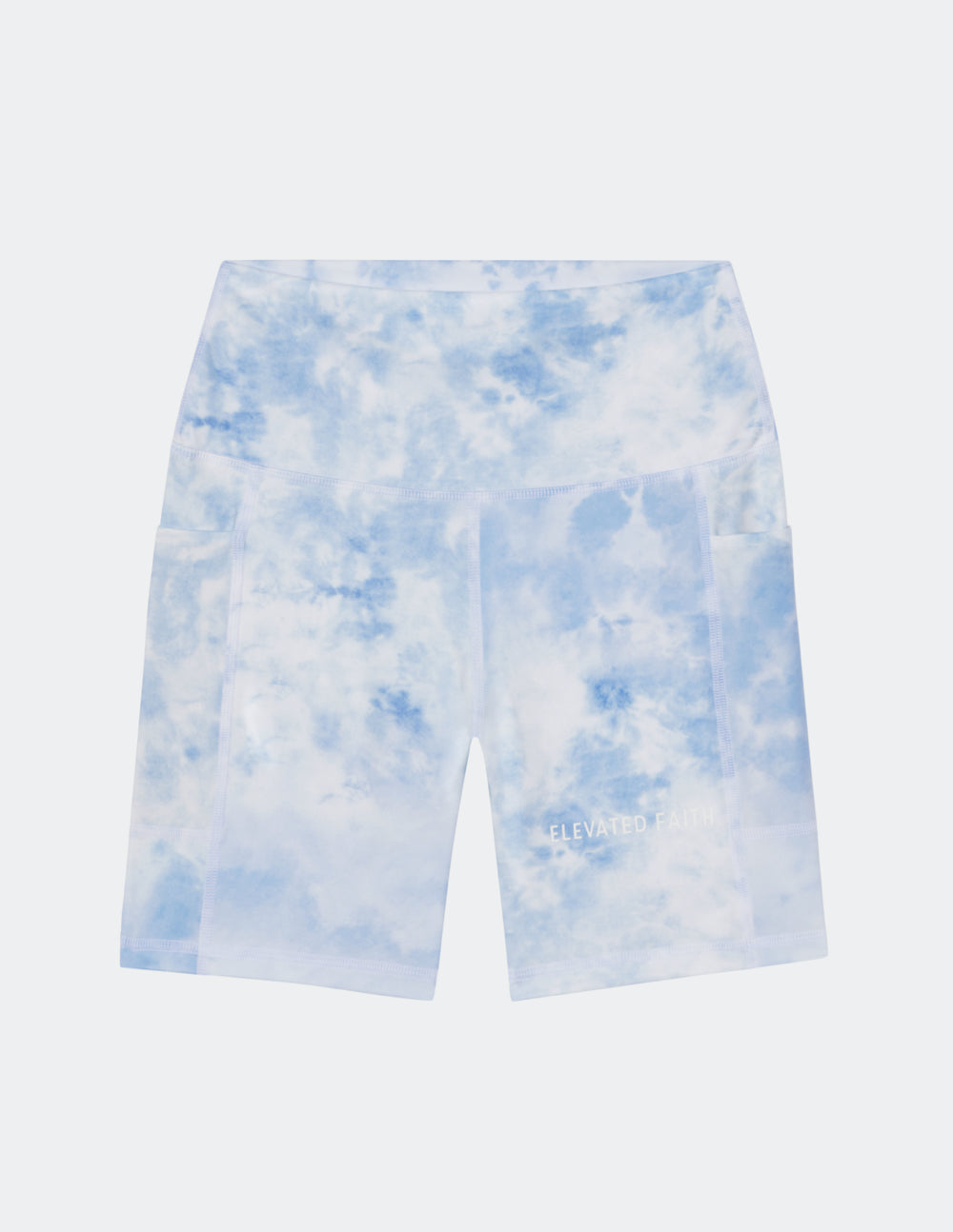 Elevated Faith Christian Shorts in Light Blue Tie-Dye with Side Pockets for Comfort and Style