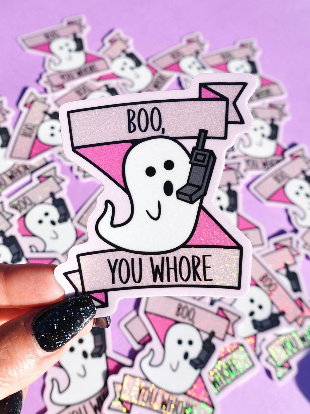 Funny Set of Halloween ghost stickers with BOO and YOU WHORE text and megaphone graphic