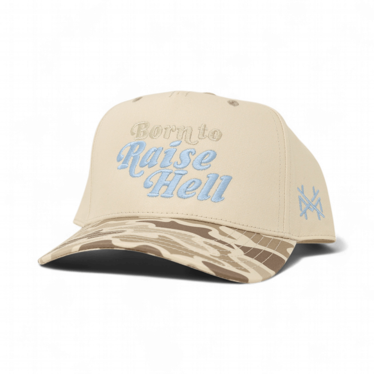 Born To Raise Hell Funny Embroidered Snapback Hat in Retro Field Camo/Natural – Ivy + Cloth