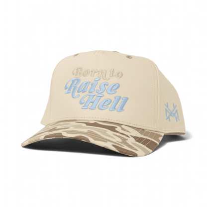 Born To Raise Hell Funny Embroidered Snapback Hat in Retro Field Camo/Natural – Ivy + Cloth