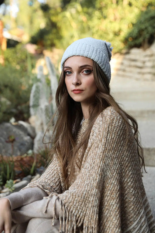 Boucle Pom Beanie knit winter hat in Blue