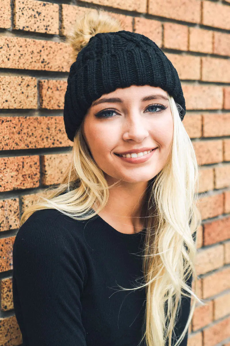 Cable Knit Beanie with Faux Fur Pom knit winter hat in Black