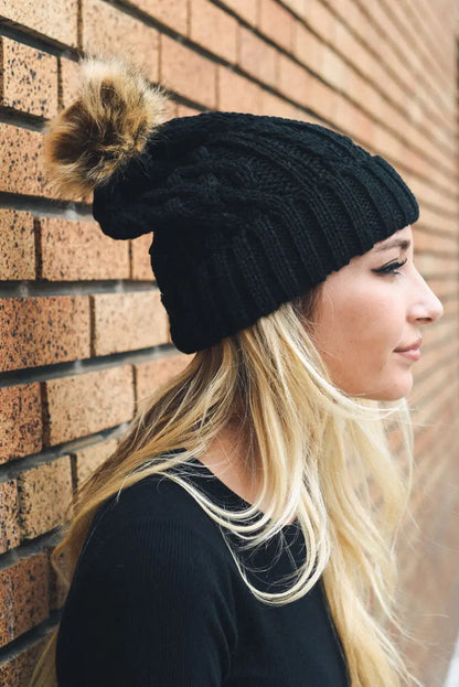Cable Knit Beanie with Faux Fur Pom, cozy knit winter hat – view 4