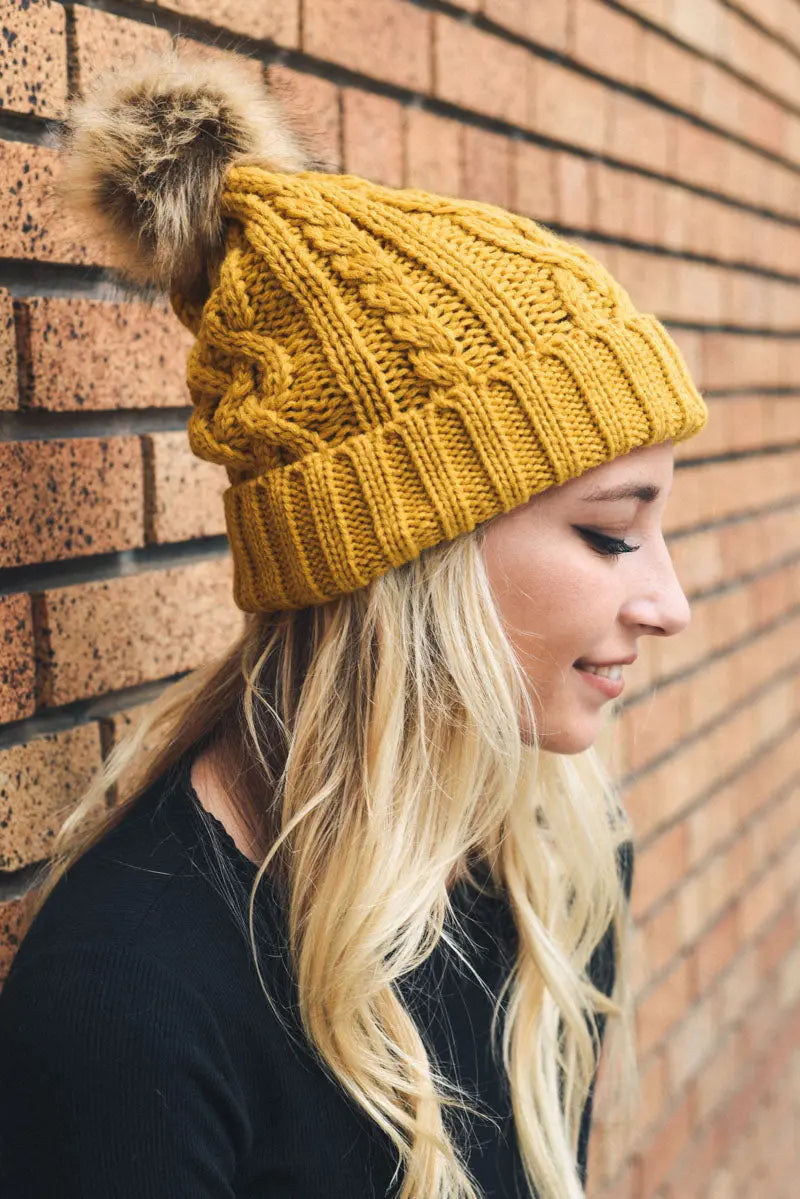 Cable Knit Beanie with Faux Fur Pom, cozy knit winter hat – view 2