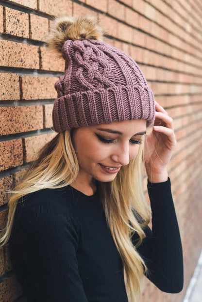 Cable Knit Beanie with Faux Fur Pom, cozy knit winter hat