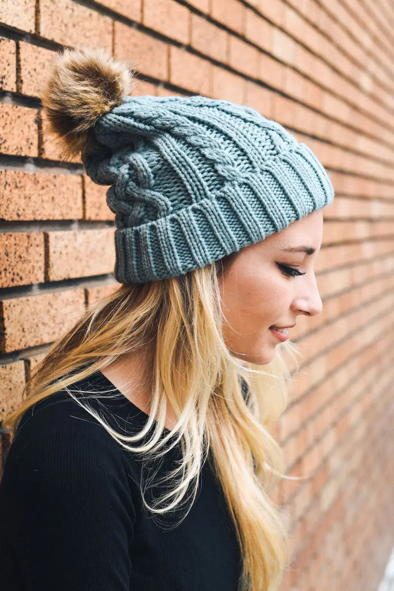 Cable Knit Beanie with Faux Fur Pom, cozy knit winter hat – view 5
