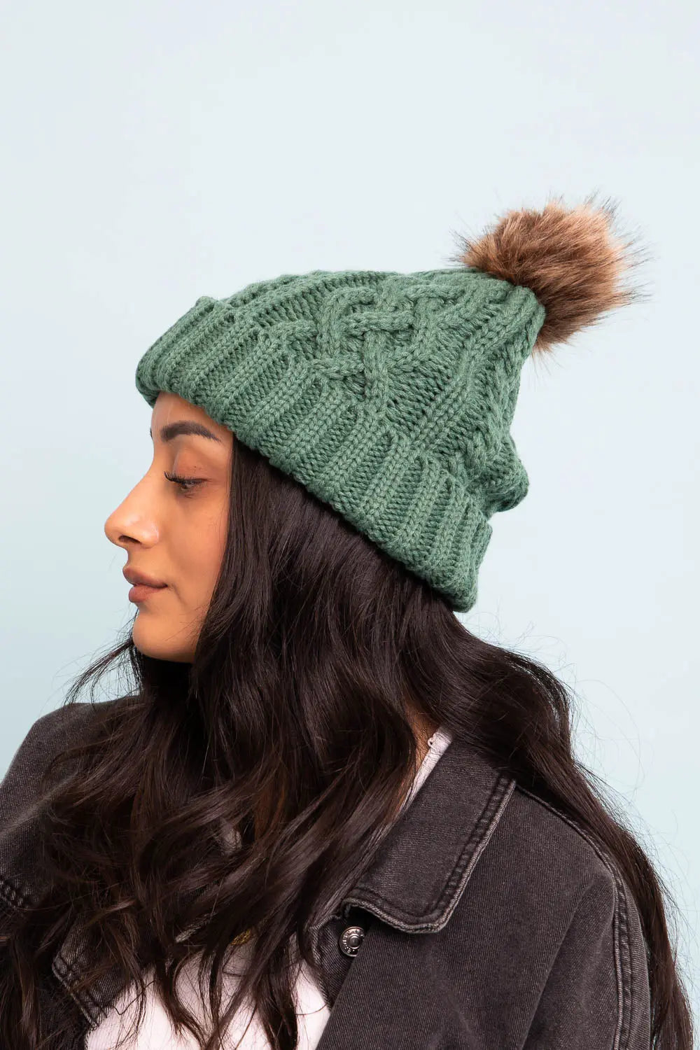 Cable Knit Beanie with Faux Fur Pom, cozy knit winter hat – view 3