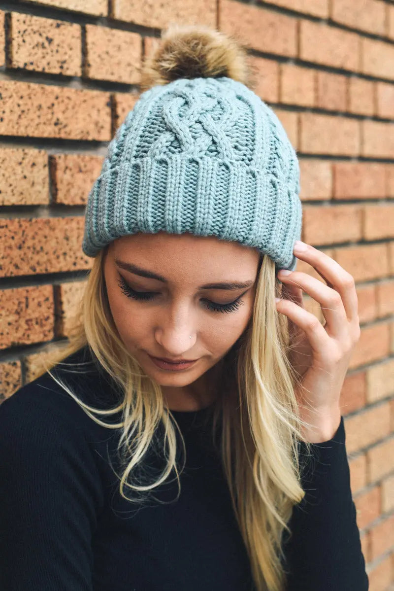 Cable Knit Beanie with Faux Fur Pom knit winter hat in Mint